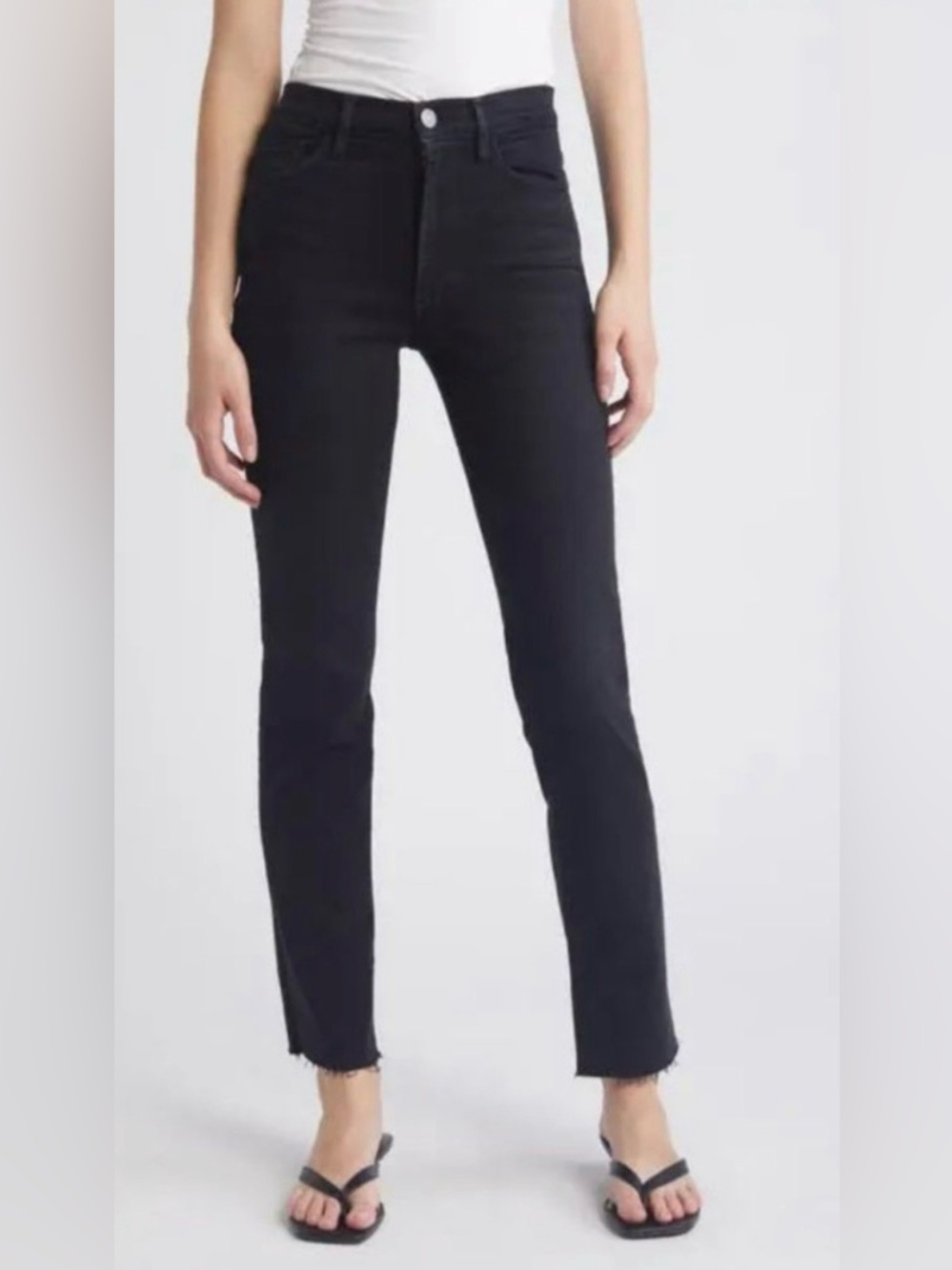 Frame Le High Straight Jeans Black Sz 27 Raw Hem Cropped Stretch Edgy Downtown